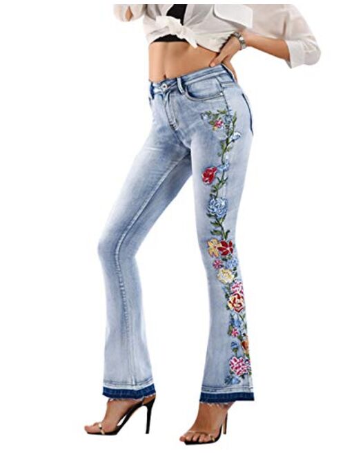 Zenthace Women's Floral Embroidered Flare Bell Bottom Jeans,Vintage-Inspired Retro Denim Pants