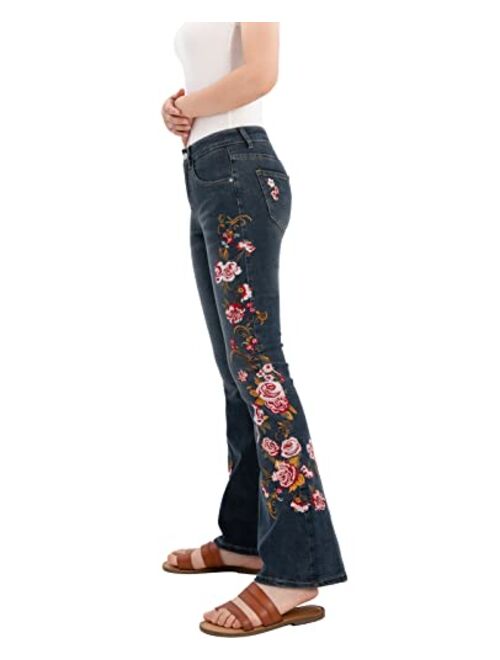 Zenthace Women's Floral Embroidered Flare Bell Bottom Jeans,Vintage-Inspired Retro Denim Pants