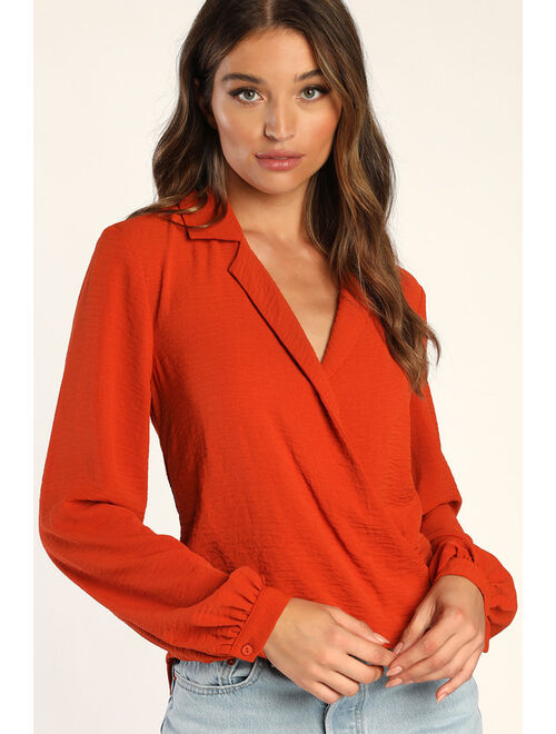 Lulus Effortless Effect Rust Orange Surplice Collared Long Sleeve Top