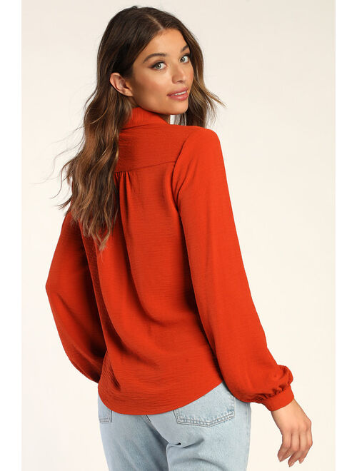 Lulus Effortless Effect Rust Orange Surplice Collared Long Sleeve Top