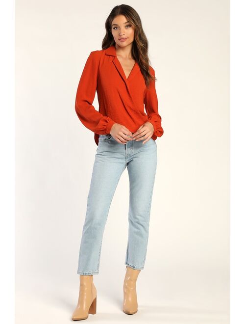 Lulus Effortless Effect Rust Orange Surplice Collared Long Sleeve Top