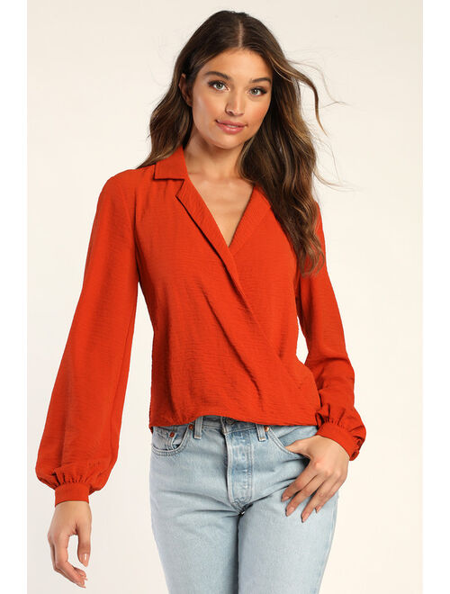 Lulus Effortless Effect Rust Orange Surplice Collared Long Sleeve Top