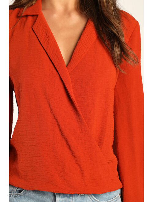 Lulus Effortless Effect Rust Orange Surplice Collared Long Sleeve Top