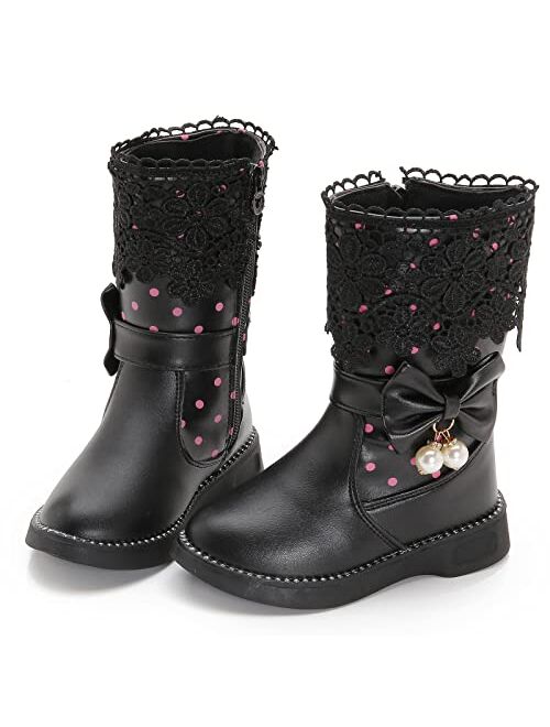 DADAWEN Girl's Waterproof Lace Bowknot Side Zipper Fur Winter Boots (Toddler/Little Kid/Big Kid)