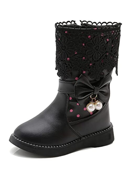 DADAWEN Girl's Waterproof Lace Bowknot Side Zipper Fur Winter Boots (Toddler/Little Kid/Big Kid)