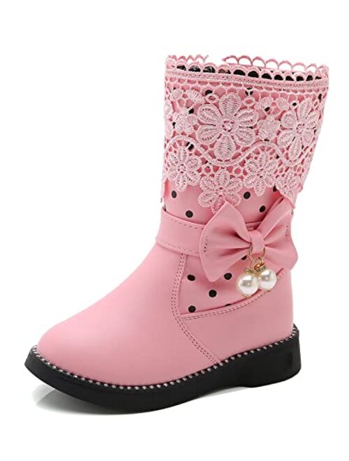 DADAWEN Girl's Waterproof Lace Bowknot Side Zipper Fur Winter Boots (Toddler/Little Kid/Big Kid)