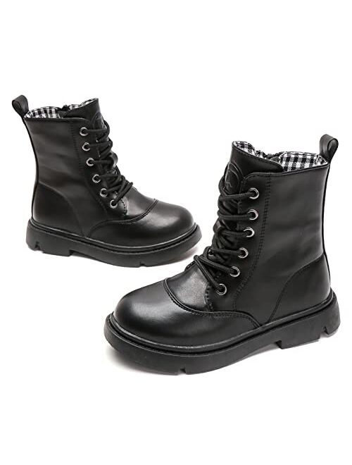 kkdom Boys Girls Waterproof Lace Up Side Zipper Mid Calf Combat Boots(Toddler/Little Kid/Big Kid)