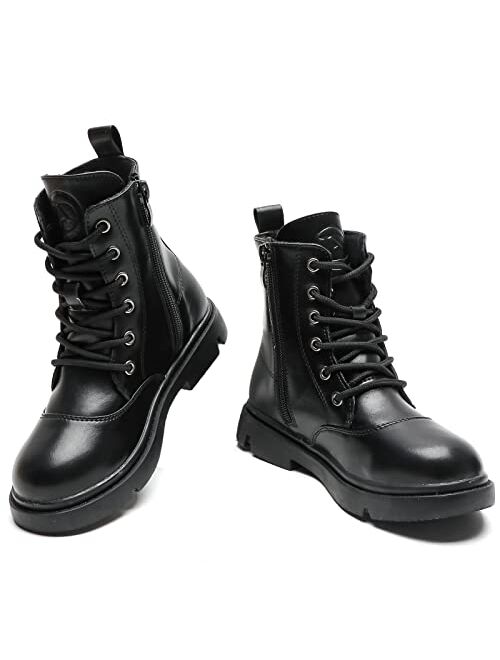 kkdom Boys Girls Waterproof Lace Up Side Zipper Mid Calf Combat Boots(Toddler/Little Kid/Big Kid)