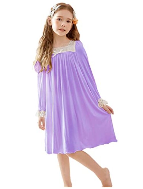 Ekouaer Girls Nightgowns Long Sleeve Sleepwear Cute Princess Nightshirt for Toddler Vintage Lace Pajama Dress 4-13 Years