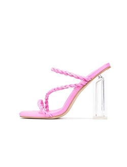 Lizea Clear Chunky Block High Heels for Women, Woven Square Open Toe Shoes Heels