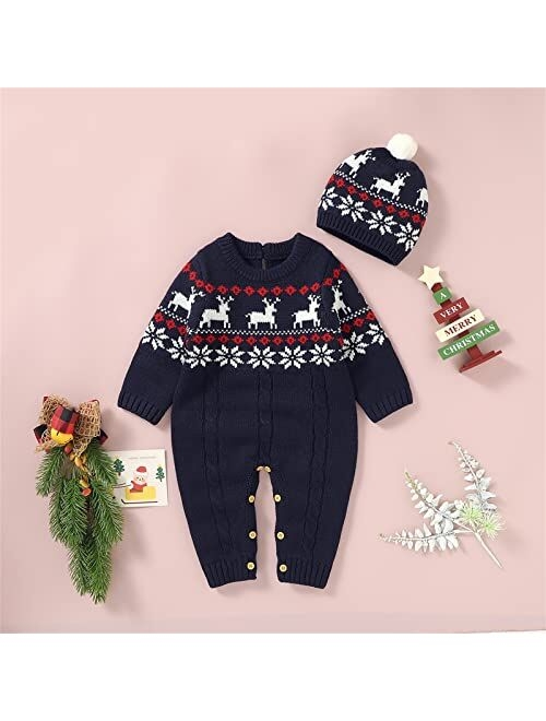 GeNeric Newborn Infant Boy Girl Christmas Deer Knitted Sweater Baby Jumpsuit Romper Cotton 1 Piece Hat Caps Outfits Clothes Set Hooded Boys Sweatshirts (Blue, 3-6 Months)