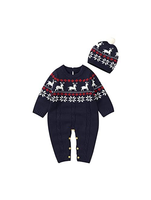 GeNeric Newborn Infant Boy Girl Christmas Deer Knitted Sweater Baby Jumpsuit Romper Cotton 1 Piece Hat Caps Outfits Clothes Set Hooded Boys Sweatshirts (Blue, 3-6 Months)