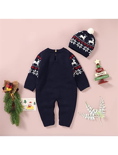 GeNeric Newborn Infant Boy Girl Christmas Deer Knitted Sweater Baby Jumpsuit Romper Cotton 1 Piece Hat Caps Outfits Clothes Set Hooded Boys Sweatshirts (Blue, 3-6 Months)