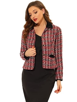 Women's Winter Elegant Vintage Plaid Tweed Outwear Slim Fit Blazer Work Office Short Jacket Coat