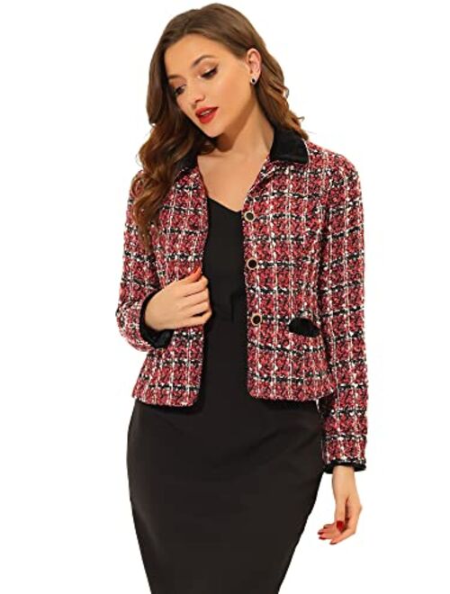 Allegra K Women's Winter Elegant Vintage Plaid Tweed Outwear Slim Fit Blazer Work Office Short Jacket Coat