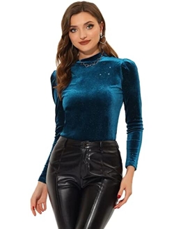 Metallic Velvet Top for Women's Halloween Puff Long Sleeve Mock Neck Vintage Glitter T-Shirt