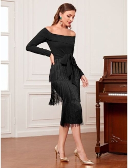 Off Shoulder Fringe Trim Dress