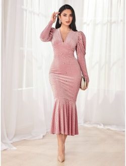 Modely Plunging Neck Gigot Sleeve Mermaid Hem Bodycon Dress