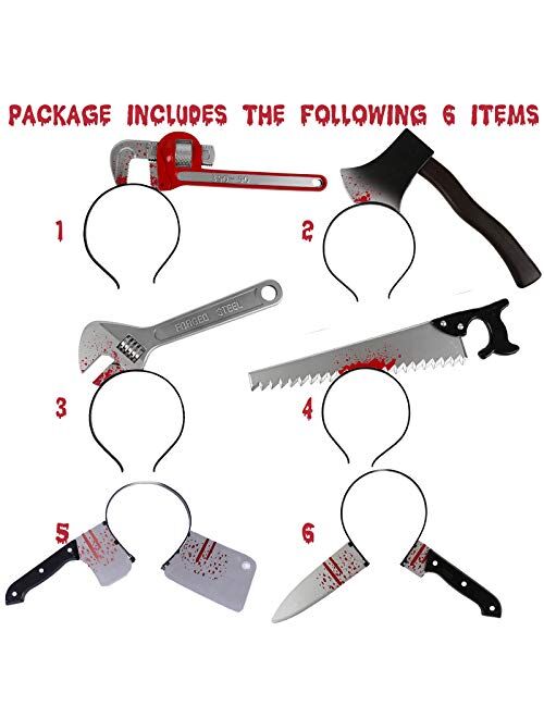 Quejowy 6PCS Halloween Costume Scary Weapon Headbands, Horror Photo Props Rubber Plastic Knife Axe Cleaver Scissor Headbands Through Head Zombie Accessories Makeup