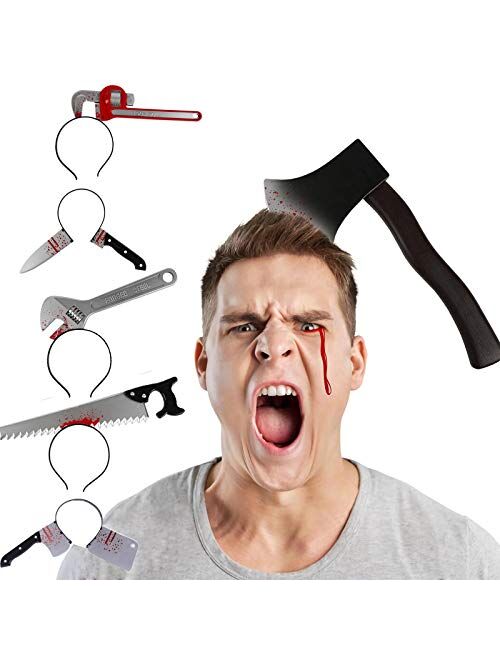 Quejowy 6PCS Halloween Costume Scary Weapon Headbands, Horror Photo Props Rubber Plastic Knife Axe Cleaver Scissor Headbands Through Head Zombie Accessories Makeup