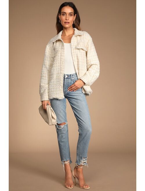 Lulus Take Notes Ivory Plaid Tweed Shacket