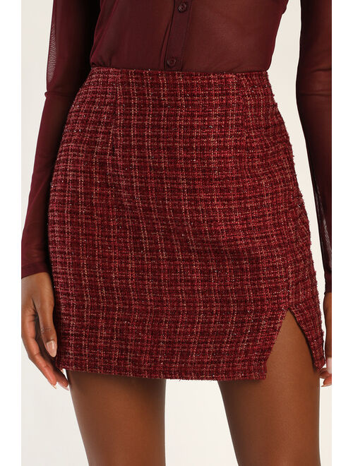 Lulus Classy Energy Burgundy Tweed Mini Skirt