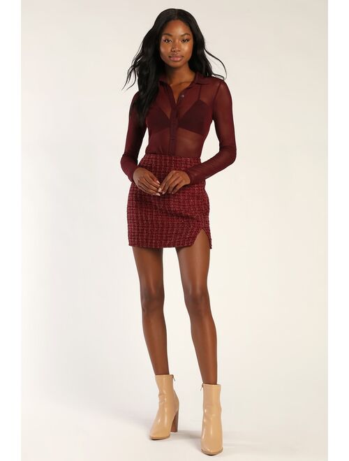 Lulus Classy Energy Burgundy Tweed Mini Skirt