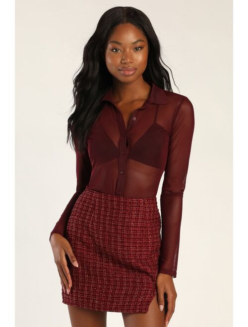 Lulus Classy Energy Burgundy Tweed Mini Skirt