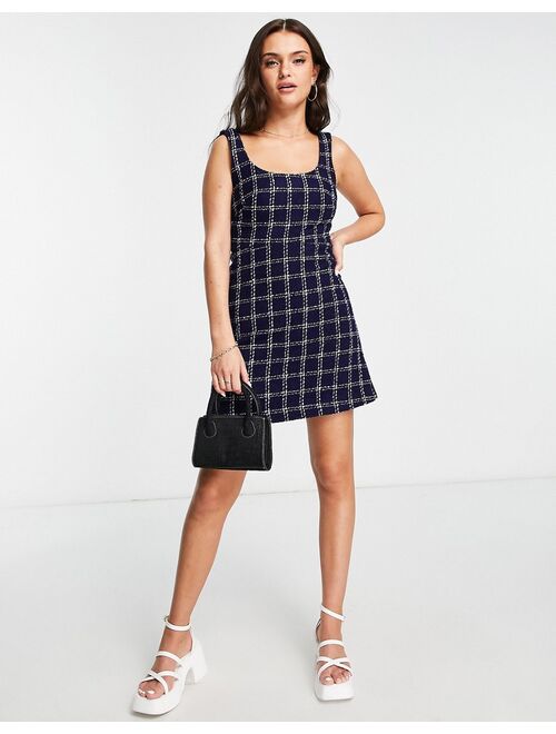 & Other Stories tweed a line mini dress in navy check print