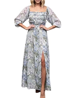 Amegoya Women's Boho Flowy Long Sleeve Square Neck Maxi Dress