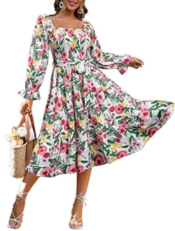 Amegoya Women's Boho Flowy Long Sleeve Square Neck Maxi Dress