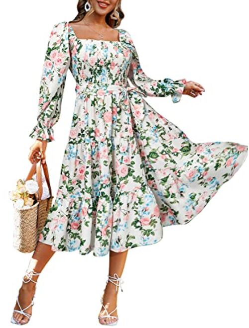 Amegoya Women's Boho Flowy Long Sleeve Square Neck Maxi Dress