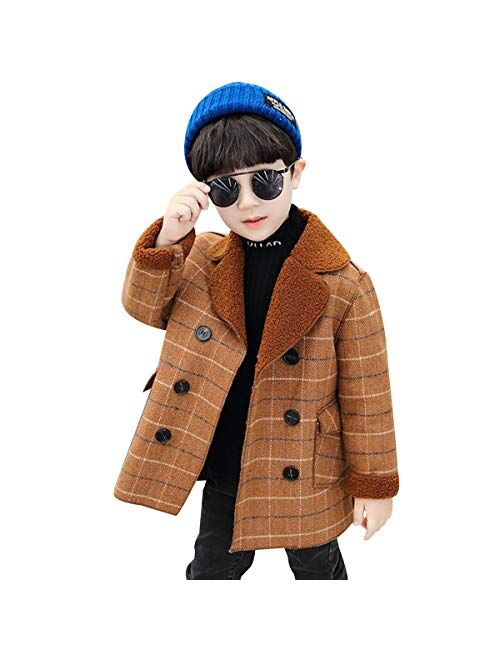 amropi Boy's Pea Coat Faux Wool Double Breasted Trench Jacket Warm Plaid Peacoat for 2-10 Years