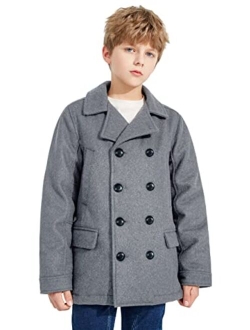 SOLOCOTE Boys Coat Elegant Notched Collar Double Breasted Wool Blend Over Pea Coat