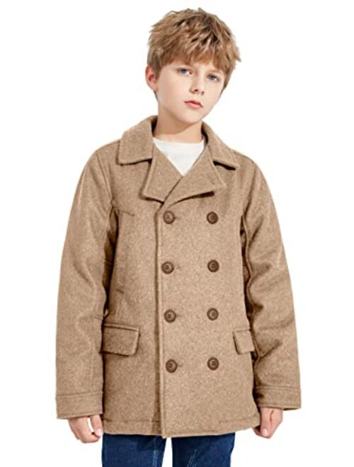 SOLOCOTE Boys Coat Elegant Notched Collar Double Breasted Wool Blend Over Pea Coat