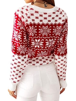 Women's Christmas Snowflake Reindeer Knitted Sweater Long Sleeve Crew Neck Heart Animal Print Pullover Knitwear