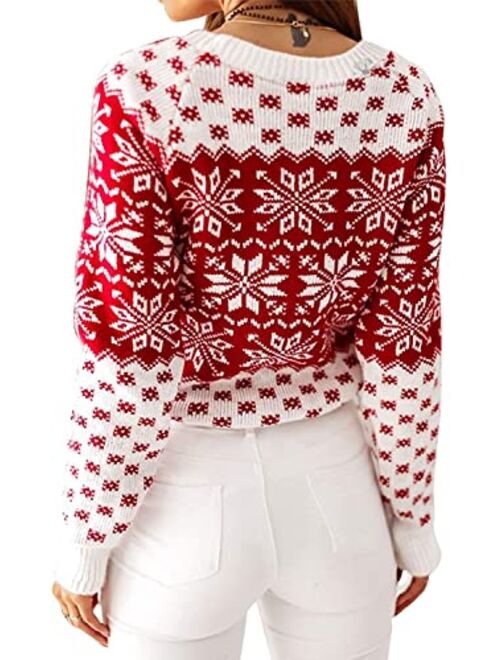 ZAFUL Women's Christmas Snowflake Reindeer Knitted Sweater Long Sleeve Crew Neck Heart Animal Print Pullover Knitwear