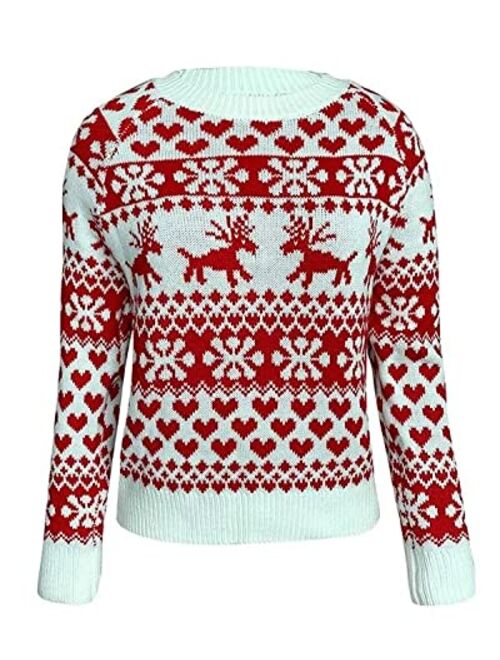 ZAFUL Women's Christmas Snowflake Reindeer Knitted Sweater Long Sleeve Crew Neck Heart Animal Print Pullover Knitwear