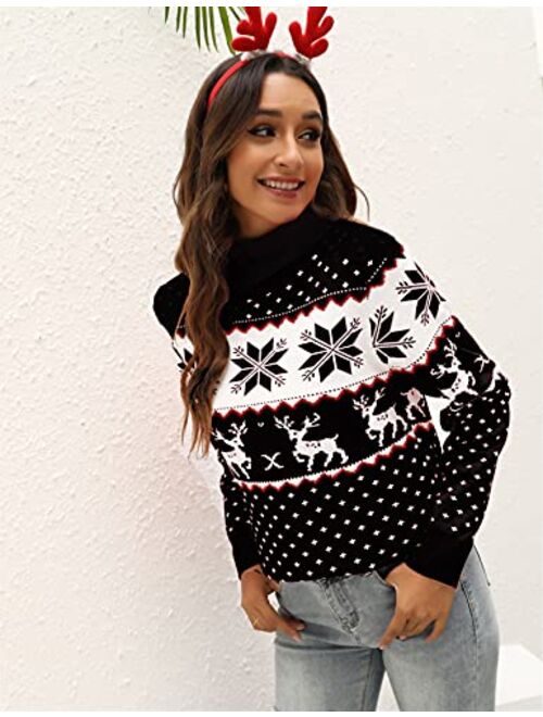 LYHNMW Women's Ugly Christmas Sweaters Snowflake Reindeer Long Sleeve Holiday Knit Xmas Sweater Pullover Tops