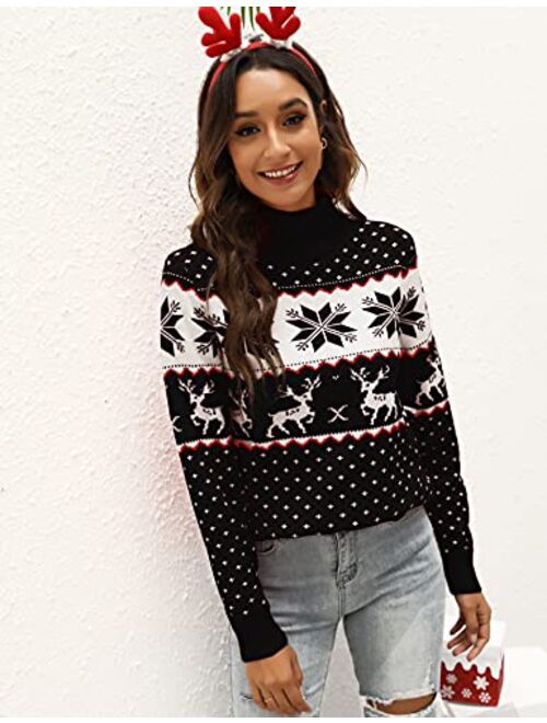 LYHNMW Women's Ugly Christmas Sweaters Snowflake Reindeer Long Sleeve Holiday Knit Xmas Sweater Pullover Tops