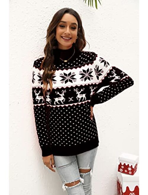 LYHNMW Women's Ugly Christmas Sweaters Snowflake Reindeer Long Sleeve Holiday Knit Xmas Sweater Pullover Tops