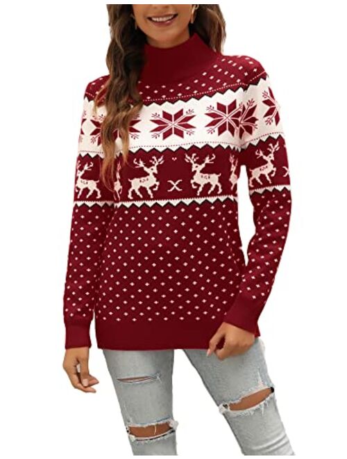 LYHNMW Women's Ugly Christmas Sweaters Snowflake Reindeer Long Sleeve Holiday Knit Xmas Sweater Pullover Tops