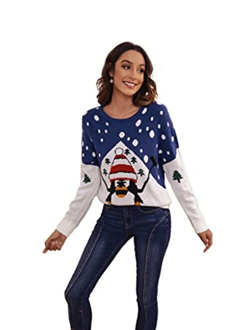 Amegoya Women's 2022 Christmas Knitted Holiday Long Sleeve Pullover Sweaters Cute Crewneck Reindeer Sweatshirts Tops