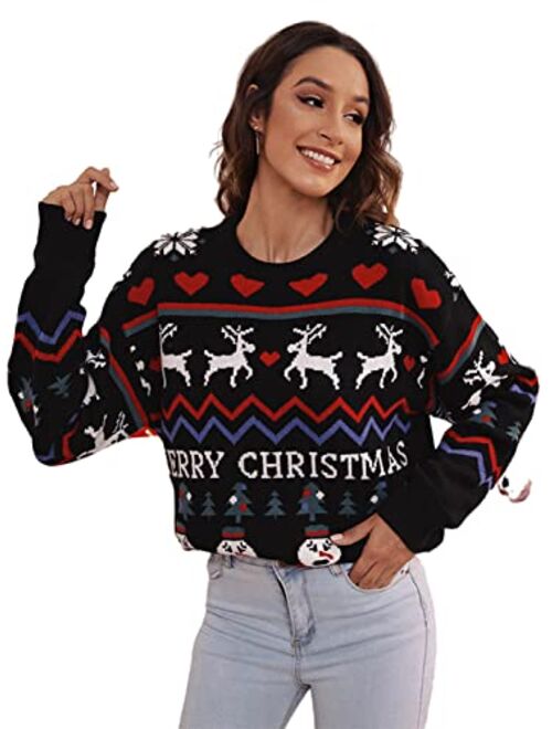 Amegoya Women's 2022 Christmas Knitted Holiday Long Sleeve Pullover Sweaters Cute Crewneck Reindeer Sweatshirts Tops