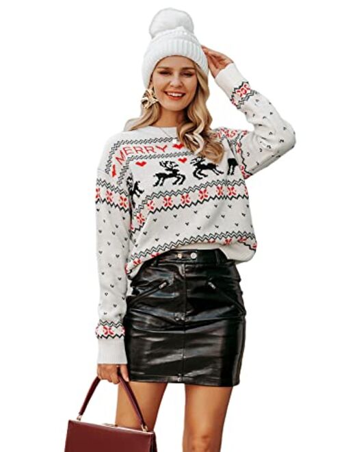 Amegoya Women's 2022 Christmas Knitted Holiday Long Sleeve Pullover Sweaters Cute Crewneck Reindeer Sweatshirts Tops