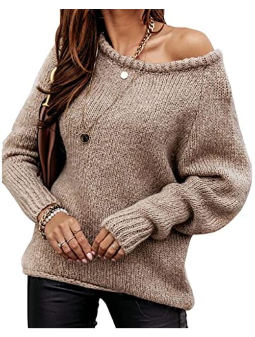 BTFBM Women Casual Long Sleeve Sweaters Crew Neck Solid Color Soft Ribbed Knitted Oversized Pullover Loose Fit Jumper