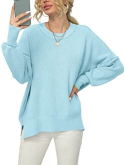 Women Crewneck Batwing Sleeve Oversized Side Slit Ribbed Knit Pullover Sweater Top