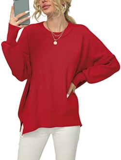 Women Crewneck Batwing Sleeve Oversized Side Slit Ribbed Knit Pullover Sweater Top