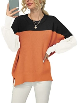 Women Crewneck Batwing Sleeve Oversized Side Slit Ribbed Knit Pullover Sweater Top