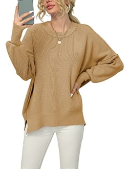 Women Crewneck Batwing Sleeve Oversized Side Slit Ribbed Knit Pullover Sweater Top